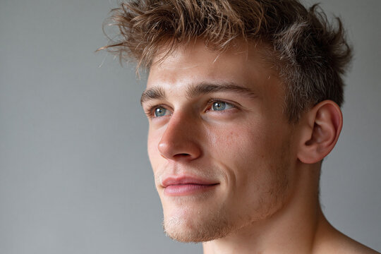 Young man with natural glow and smooth real skin looking upward with soft smile and neutral background, warm thoughtful expression and short tousled hair