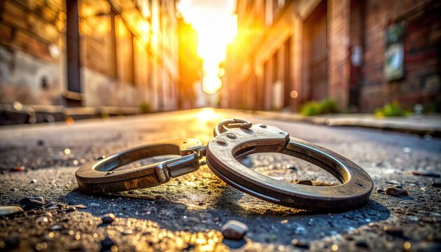 Tarnished metal handcuffs lying on a dusty street at sunset, symbolizing arrest and the end of freedom.