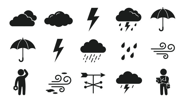 Black  White Weather Icons Set Glyph Style for Meteorology