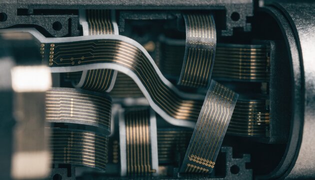 Detailed view of tightly bent flexible circuit films carefully positioned inside a miniature video camera for optimal space utilization and reliable connectivity.