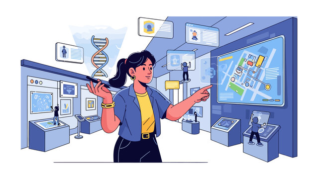 Interactive Science Museum Experience: A woman guides a virtual tour using a futuristic interface, showcasing exhibits on DNA, city maps, and historical figures.