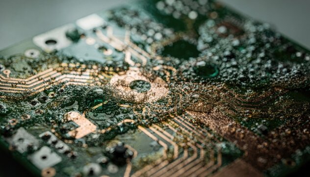 Closeup medium shot showing the bubbling reaction of cupric chloride on copper surface as unwanted copper is chemically removed to define intricate circuit patterns on a green PCB.