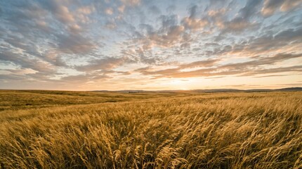 Obraz premium Golden wheat field at sunset vector illustration, rural landscape with rolling hills and beautiful dramatic sky background
