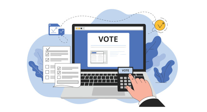 Online voting concept features a laptop displaying a vote form with hands interacting with ballots and digital checkboxes.