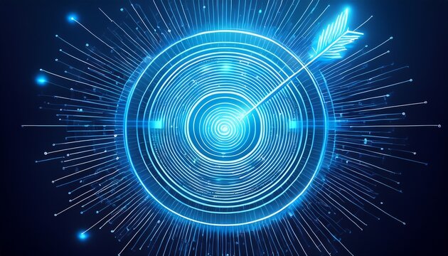 a glowing blue target with an arrow in the center surrounded by a circular pattern of lines and sparks against a dark blue background