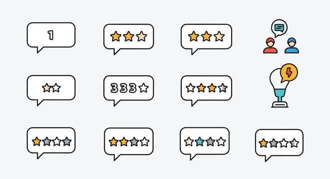 Graphic icons for feedback and communication include star ratings speech bubbles with people and a bright lightbulb idea.