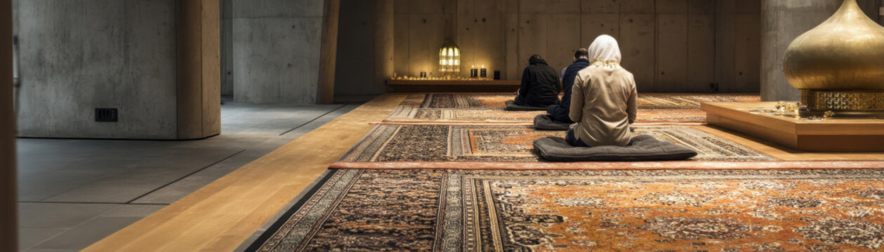 Prayer room meditation religion worship spiritual mosque carpet rug people peaceful inclusive prayer room with people sitting carpet quiet modern interior, warm lamp light, reflective mood during