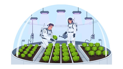 Space Farming Exploration: Two astronauts in specialized suits tend to rows of fresh green plants inside a futuristic biodome, symbolizing humanity's venture into extraterrestrial cultivation. © Ajm