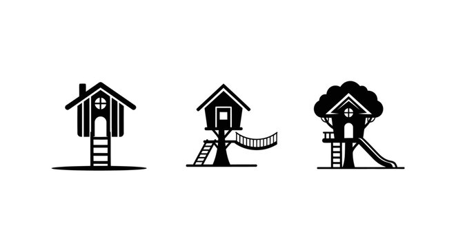 Three stylized treehouse illustrations with different designs.
