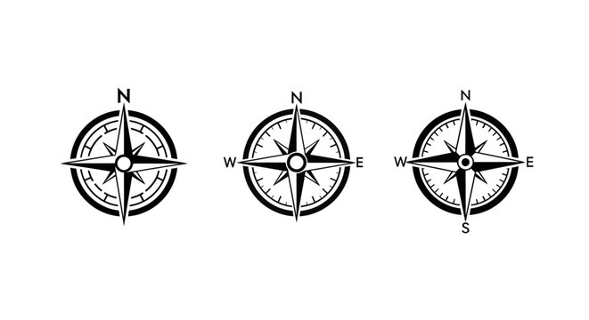 Three Detailed Compass Rose Illustrations in Monochrome.