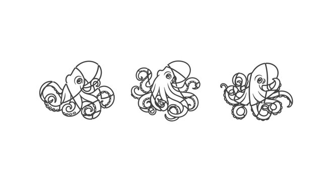 Three Intricate Octopus Line Art Illustrations Side by Side.