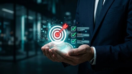 Fototapeta premium Concept of strategic success and performance tracking with a businessman and digital target icon.