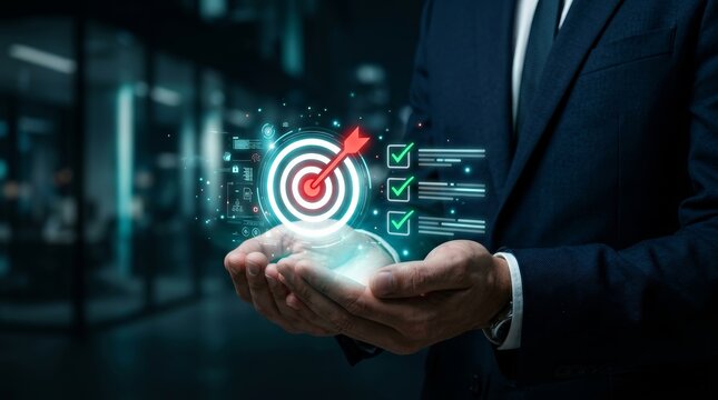 Concept of strategic success and performance tracking with a businessman and digital target icon.