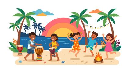 Children's Beach Party: A vibrant illustration of children enjoying a lively beach party with music, dancing, and a campfire against a sunset backdrop. © Mohammad
