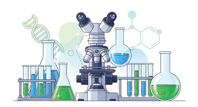 Science Laboratory Equipment Vector Concept with Microscope Test Tubes Beakers and DNA Helix