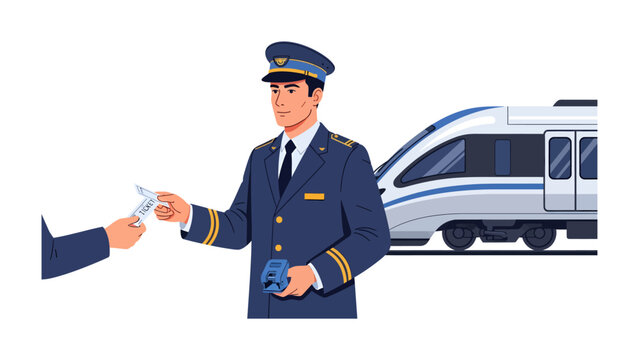 Conductor Checking Ticket at Train Station: A uniformed train conductor stands by a sleek, modern train, checking a ticket presented by a passenger's hand, symbolizing travel and punctuality.