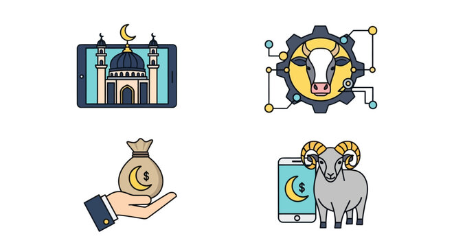 Islamic economy and finance icons set, 4 flat vector illustrations of halal business, digital sharia banking and qurban sacrifice concepts