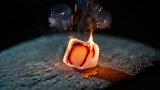 Burning Sugar Cube on Textured Surface with Dripping Molten Sugar and Sparks