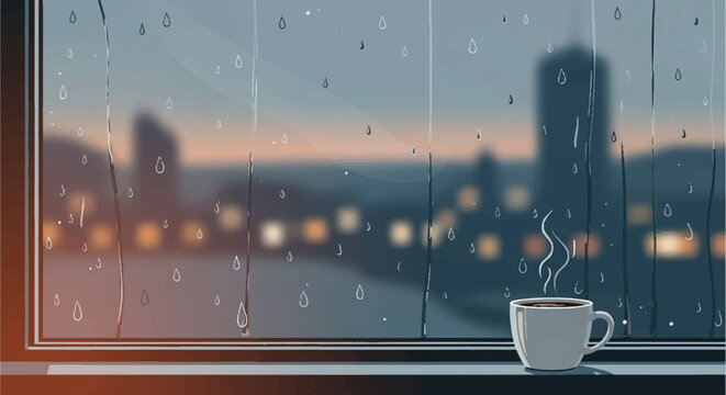 Cozy Rainy Day Window View with Steaming Coffee Mug and Blurred City Lights Vector Illustration
