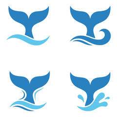 Naklejka premium Blue whale tail fins with wavy lines and water splashes marine icons icon
