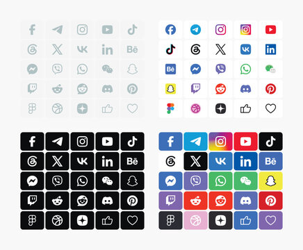 Social Media Icons. Set of popular social media logo buttons in 4 styles - Monochrome Light, Black, Color.
