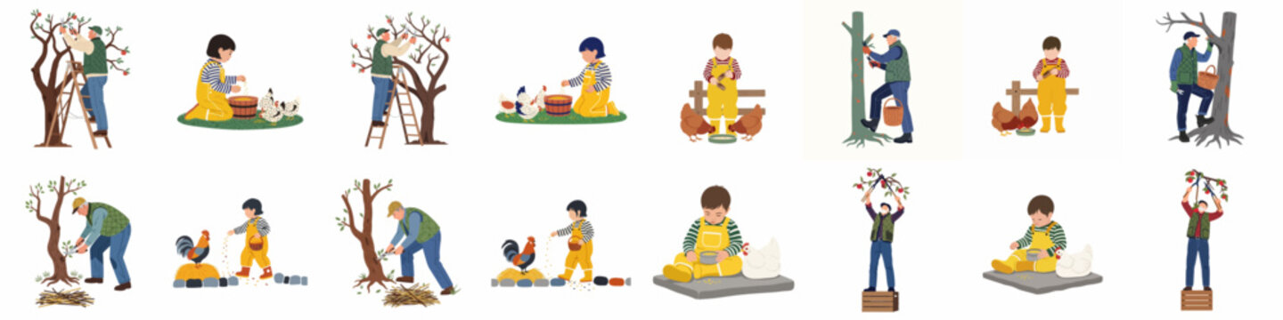 A collection of flat vector illustrations depicting rural farm activities like pruning fruit trees and feeding chickens, featuring adults and children.