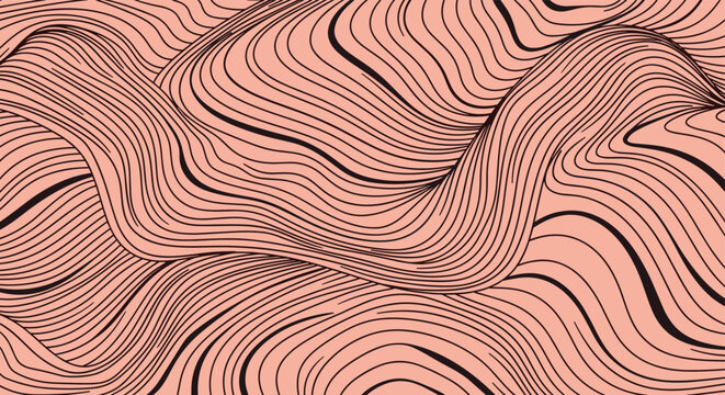 Detailed abstract pattern of organic wavy black lines on a solid pink background creating a sense of flow and texture.