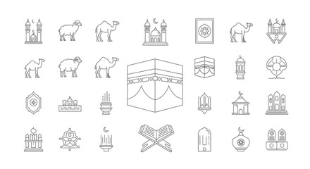 Islamic line icons set for Ramadan and Eid, 25 religious symbols including Kaaba and Quran, minimalist Muslim culture vector elements for greeting cards © FATEMA