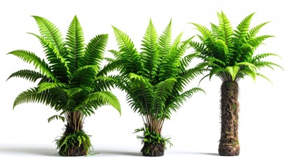 Obraz premium Three lush green ferns, two bushy, one tree-like, on white