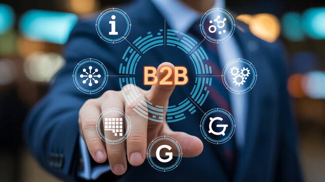 Businessman interacting with b2b interface icons