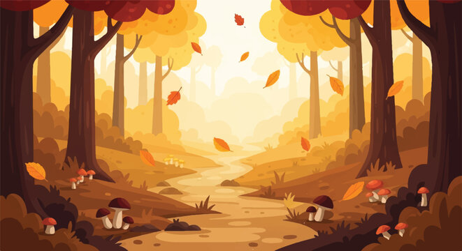 Enchanted Autumn Forest Path Landscape with Falling Golden Leaves and Wild Mushrooms Vector Illustration