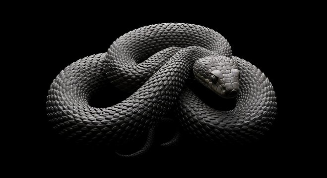 Closeup view of a coiled dark gray scaled snake against a black background