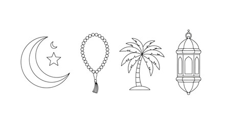 Fototapeta premium Islamic Ramadan line icons set, crescent moon and star with prayer beads, palm tree and traditional lantern vector, minimalist religious symbols for Eid