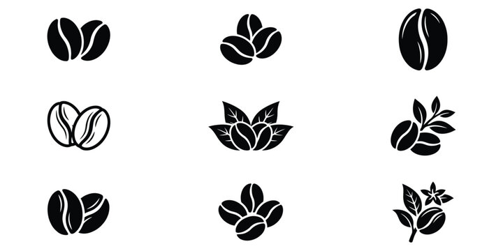 Set of nine coffee bean icons with leaves and flowers single origin silhouette collection