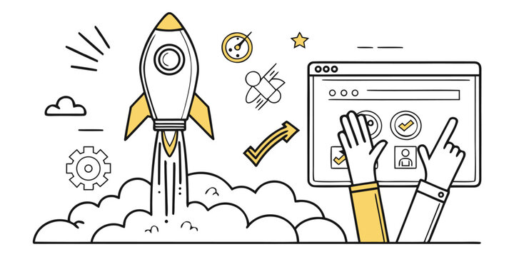 Business management concept with startup rocket launch and web browser showing progress and efficiency