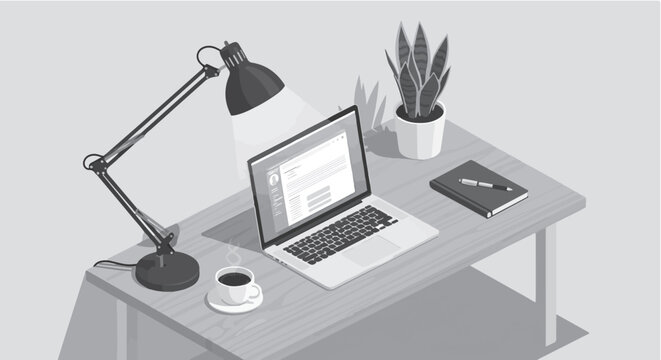 Isometric Vector Illustration of a Modern Home Office Workspace Desk with Laptop and Desk Lamp