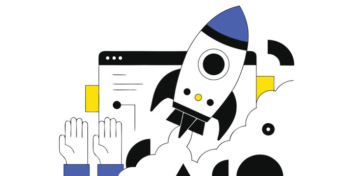 Business launch success with rocket taking off and user interface elements, showcasing progress