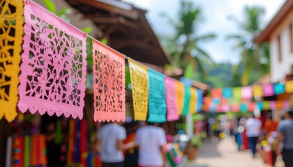 Fototapeta premium Colorful traditional paper banners hanging over a street