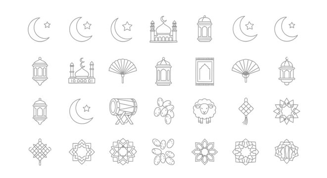 Islamic line icon set with 28 vector elements, Ramadan Kareem and Eid Mubarak symbols, mosque and crescent moon outline illustrations for religious design