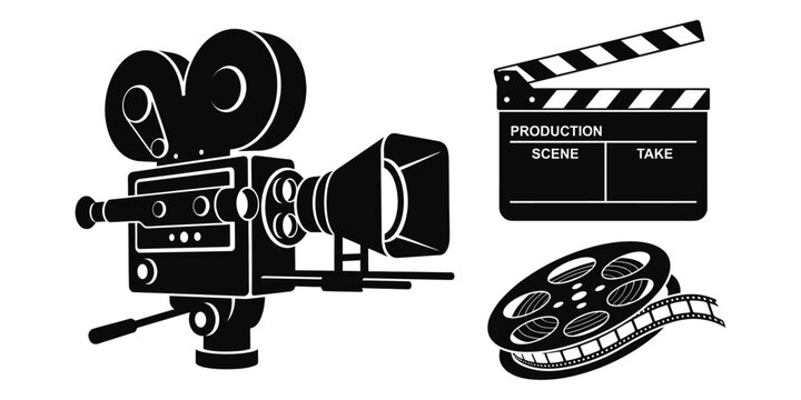 Retro movie camera production clapperboard film reel graphics with collection features graphic