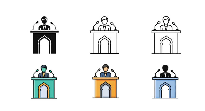Islamic speaker icon set, Muslim orator at mosque pulpit vector, religious preacher giving sermon at minbar, 6 flat and line style icons
