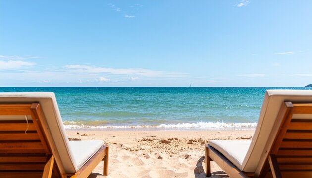 Two wooden lounge chairs on a peaceful sandy beach facing the sea