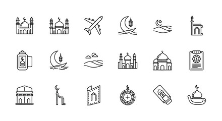 Fototapeta premium Islamic Ramadan line icon set, 18 religious vector symbols of mosque and crescent moon, Hajj and Umrah pilgrimage travel elements for Muslim holidays
