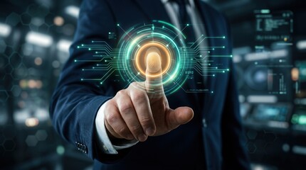 Fototapeta premium A businessman's hand touching a glowing digital interface with a fingerprint scanner, representing technology and security