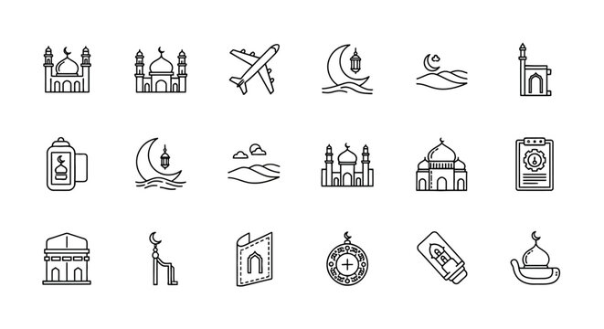 Islamic Ramadan line icon set, 18 religious vector symbols of mosque and crescent moon, Hajj and Umrah pilgrimage travel elements for Muslim holidays