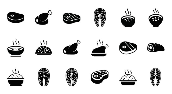 Minimalist food icon set with 18 black solid vectors, meat and seafood symbols for restaurant menus, grilled steak and fish fillet graphics