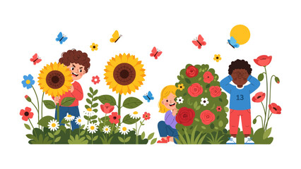 Naklejka premium Children Playing Among Sunflowers and Poppies: A joyous scene of diverse children playing and exploring a vibrant garden filled with sunflowers, poppies, daisies, and butterflies, under a bright sun.