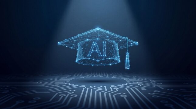 Futuristic glowing low poly graduation cap with AI letters hovering above circuit board surface, illuminated by spotlight conveying technology education and digital learning inspiration