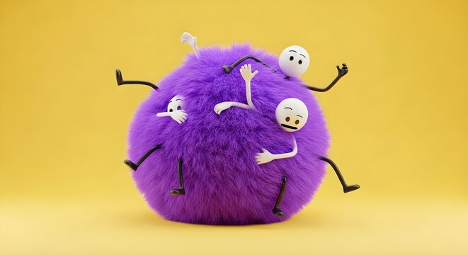 Chaotic purple fuzzy ball with limbs and faces of figures