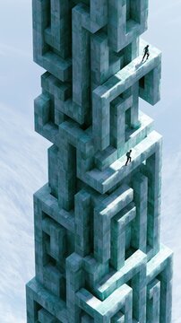 Vertical 3D perspective of a maze-like tower. A lone climber balances on the exterior blocks